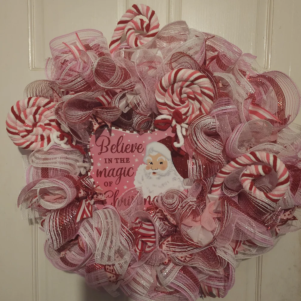 Pink Peppermint Holiday Wreath with Santa Sign